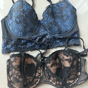 Adore Me - NWOT Black and Blue Lace Push-Up Bras. Size 34DD. You get 2.